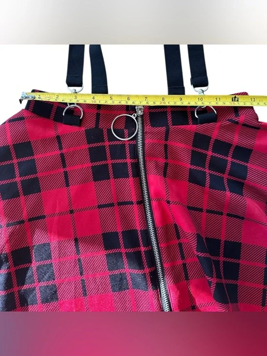 Red Black Plaid Skater Mini Skirt O Ring Zip Suspender Goth Punk Small Indie - Picture 5 of 11